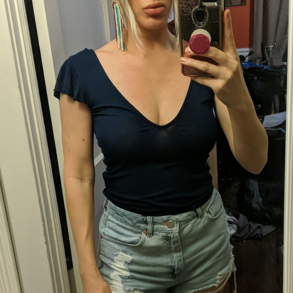 Navy blue flutter sleeve top